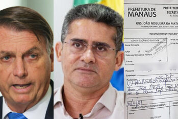 O presidente Jair Bolsonaro, o aliado,  prefeito de Manaus, David Almeida, e a receita de cloroquina para Covid-19 (Agência Brasil e Semcom)