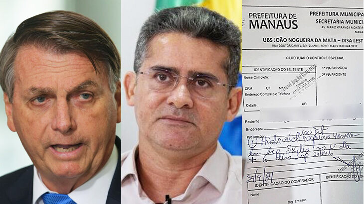 O presidente Jair Bolsonaro, o aliado,  prefeito de Manaus, David Almeida, e a receita de cloroquina para Covid-19 (Agência Brasil e Semcom)