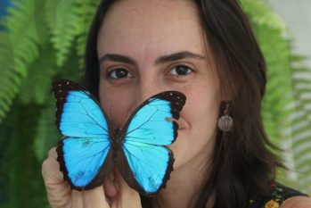Pesquisadora Isabela Oliveira com uma Morpho Menelaus, popularmente conhecida como borboleta azul (Ricardo Oliveira/Revista Cenarium)