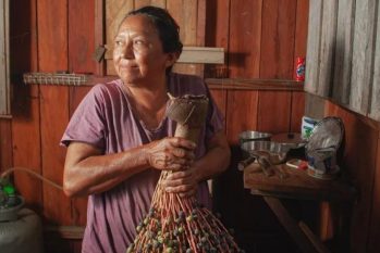 Moradora do rio Tapajós, próximo a Monte Alegre, a senhora traz para casa um robusto cacho do fruto da bacaba, uma palmeira, para o preparo do vinho. (Maurício de Paiva/National Geographic)