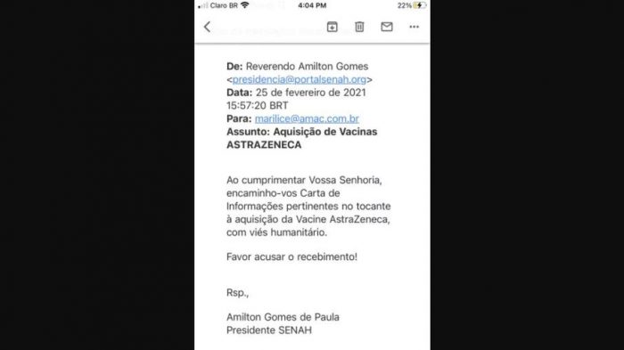 E-mails mostram reverendo e entidade negociando vacinas com municípios brasileiros