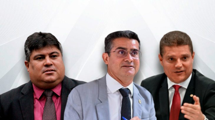 À esquerda, o presidente da CMM, David Reis, no centro o prefeito de Manaus, David Almeida e à direita o vice, Marcos Rotta (Arte: Samuel KNF/Cenarium)
