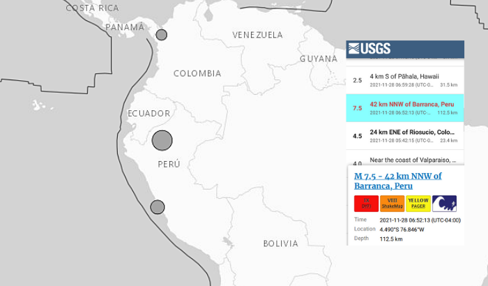 Além do Peru, o tremor foi sentido em cidades como Cruzeiro do Sul e Rio Branco, no Acre, e em Manaus, no Amazonas. (USGS/Reprodução)