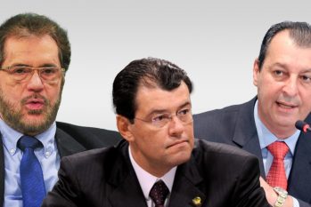 Os senadores Plínio Valério (à esq.), Eduardo Braga (no centro) e Omar Aziz (à dir.) (Arte: Catarine Hak)