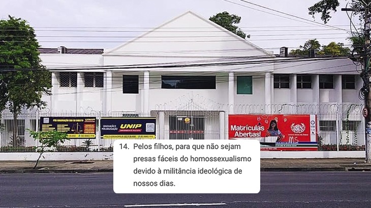 Fachada do Instituto Batista Ida Nelson (Ibin) com a frase que causou polêmica. (Arte: Guilherme Oliveira/Revista Cenarium)
