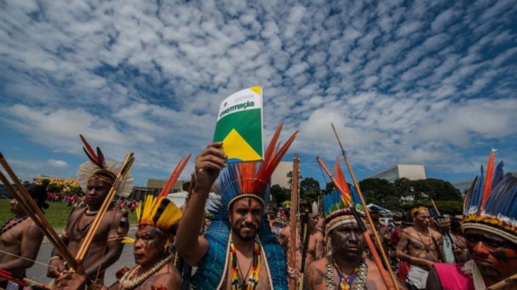 Indigenous holds up the Federal Constitution during a demonstration. (Fábio Nascimento/Greenpeace)