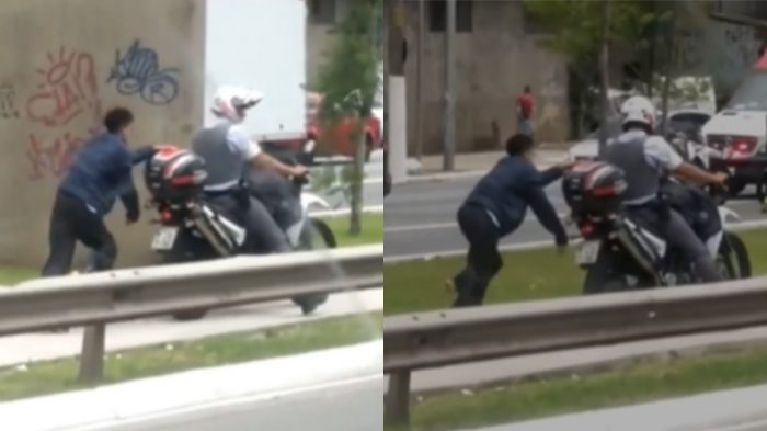Após ser flagrado com jovem amarrado à moto, PM alega que suspeito ‘iria correr uma maratona’; veja vídeo