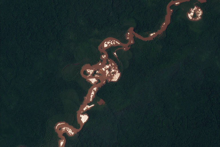 Imagem de satélite mostra áreas afetadas pelo garimpo ilegal no rio Juami, na Estação Ecológica Juami-Japurá, no Amazonas (Reprodução/Planet Labs Inc.)