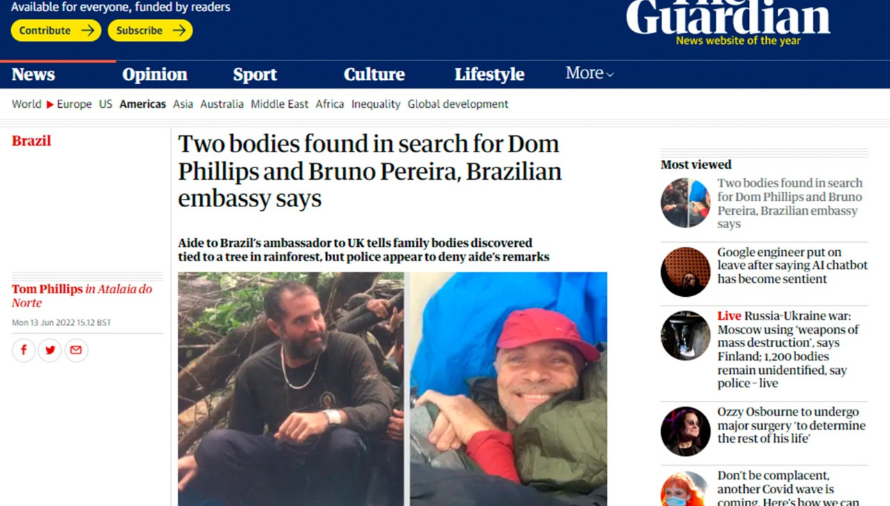 The Guardian says brazilian embassy informed Dom Phillips’ family about finding bodies tied to trees