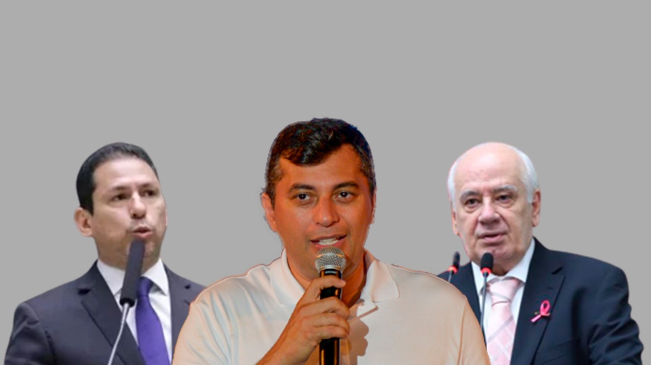 O deputado federal Marcelo Ramos (à esquerda), governador Wilson Lima (no centro) e deputado estadual Serafim Corrêa (à direita) (Thiago Alencar/CENARIUM)