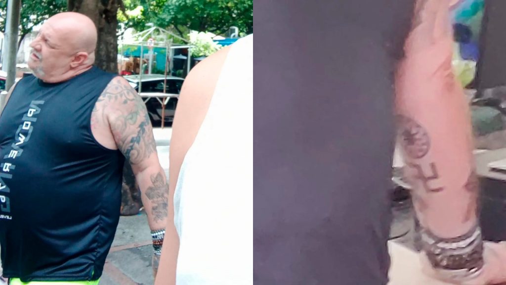 Homem flagrado com tatuagens de símbolo nazista (Arte: Mateus Mooura)