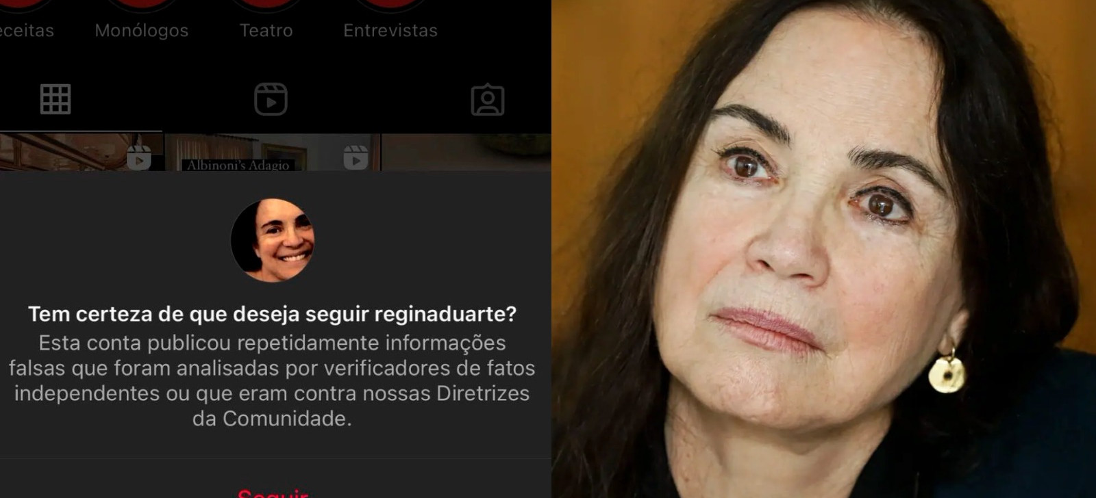 Por divulgar fake news, Regina Duarte leva punição em rede social: ‘Essa conta publicou informações falsas’