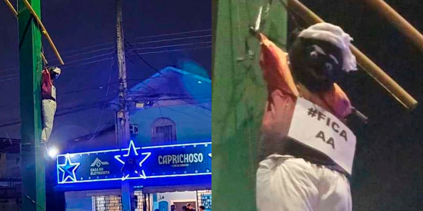 O 'judas' do atual presidente do Garantido, Antônio Andrade, amanheceu dependurado em um poste em frente ao 'Bar do Lorinho', em Manaus (Reprodução/Redes Sociais) 