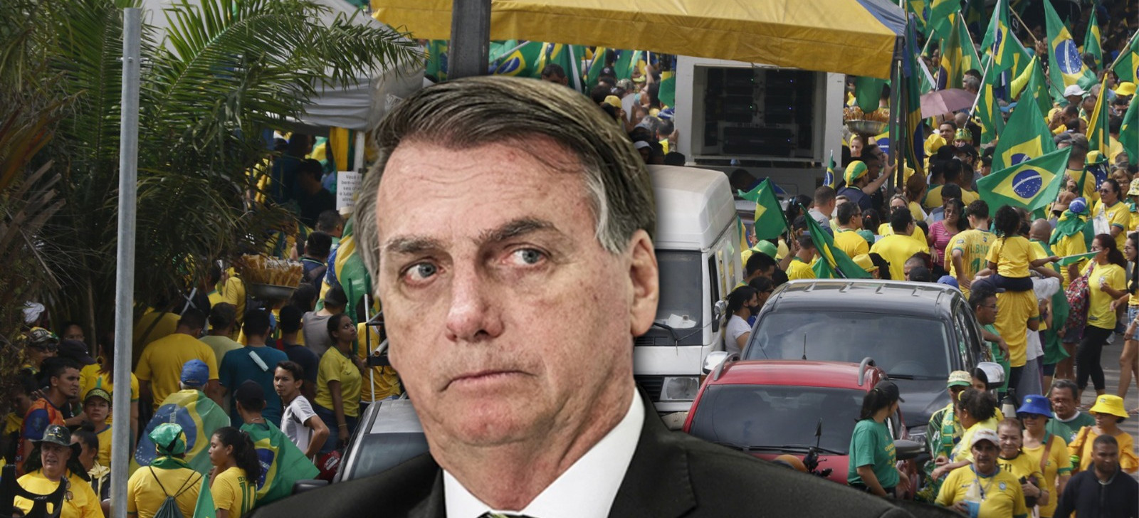 In front, Jair Bolsonaro. Behind, the camp of supporters of the former president in front of the CMA, in Manaus. (Ricardo Oliveira/Revista Cenarium and Presidency of the Republic)