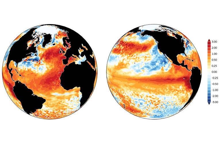 Mapa de calor mostrando a anomalia global de temperatura em junho, segundo o Copernicus. Imagem registra aquecimento extremo do Atlântico Norte e temperaturas mais altas na região tropical do Pacífico, causado pelo El Niño - (C3S/ECMWF/Copernicus)