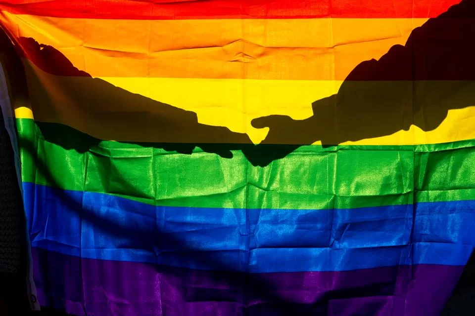 Um casal homoafetivo dá as mãos com a bandeira LGBTQIAPN+ ao fundo (Reprodução/Getty Images)