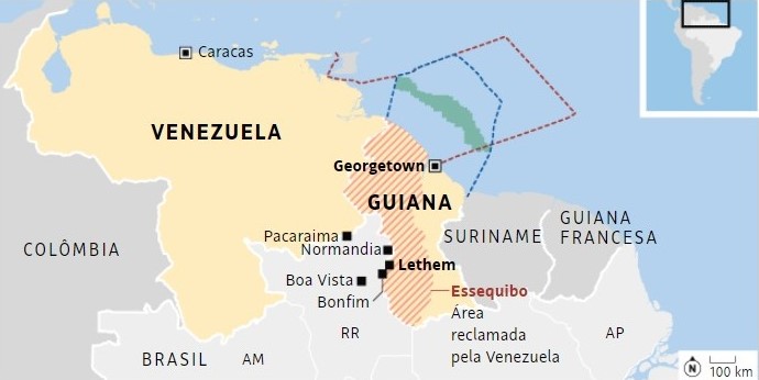 Divisas dos territórios da Venezuela, Guiana e Brasil. (Arte: Folhapress)