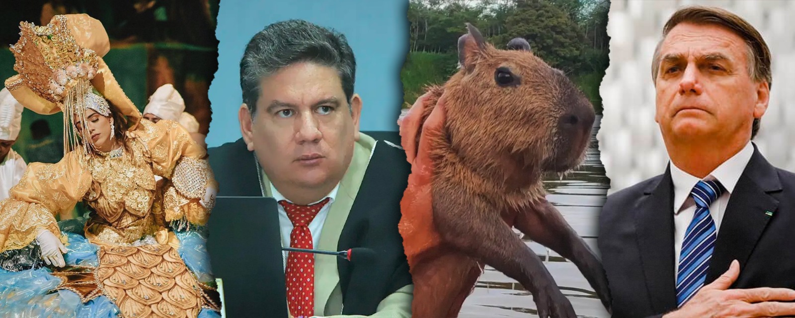 Apropriação cultural no Festival de Parintins, ofensas do conselheiro Ari Moutinho, a capivara Filó e a conta de Bolsonaro em uma padaria foram destaques em 2023. (Edição: Mateus Moura/Revista Cenarium Amazônia)