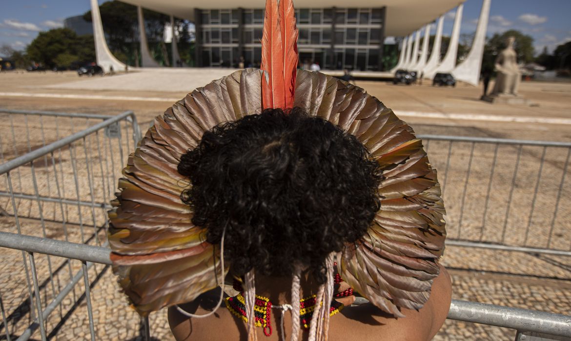 Indígena em frente ao STF, em Brasília (Foto: Joédson Alves/Agência Brasil)