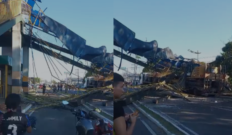 Caminhão-cegonha atinge passarela e deixa duas pessoas feridas em Manaus