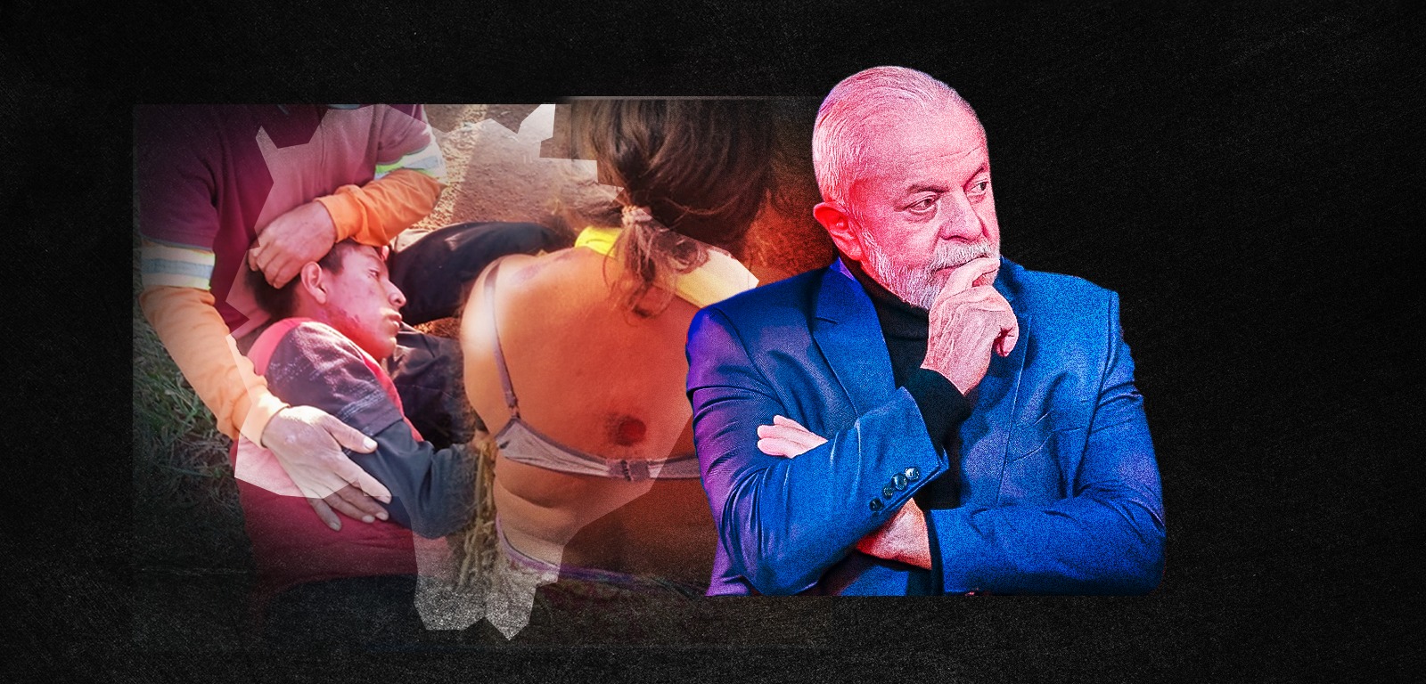 Na imagem, o presidente Lula (PT) e dois indígenas que foram atingidos com disparos de tiros efetuados por um grupo armado (Composição: Paulo Dutra/CENARIUM)