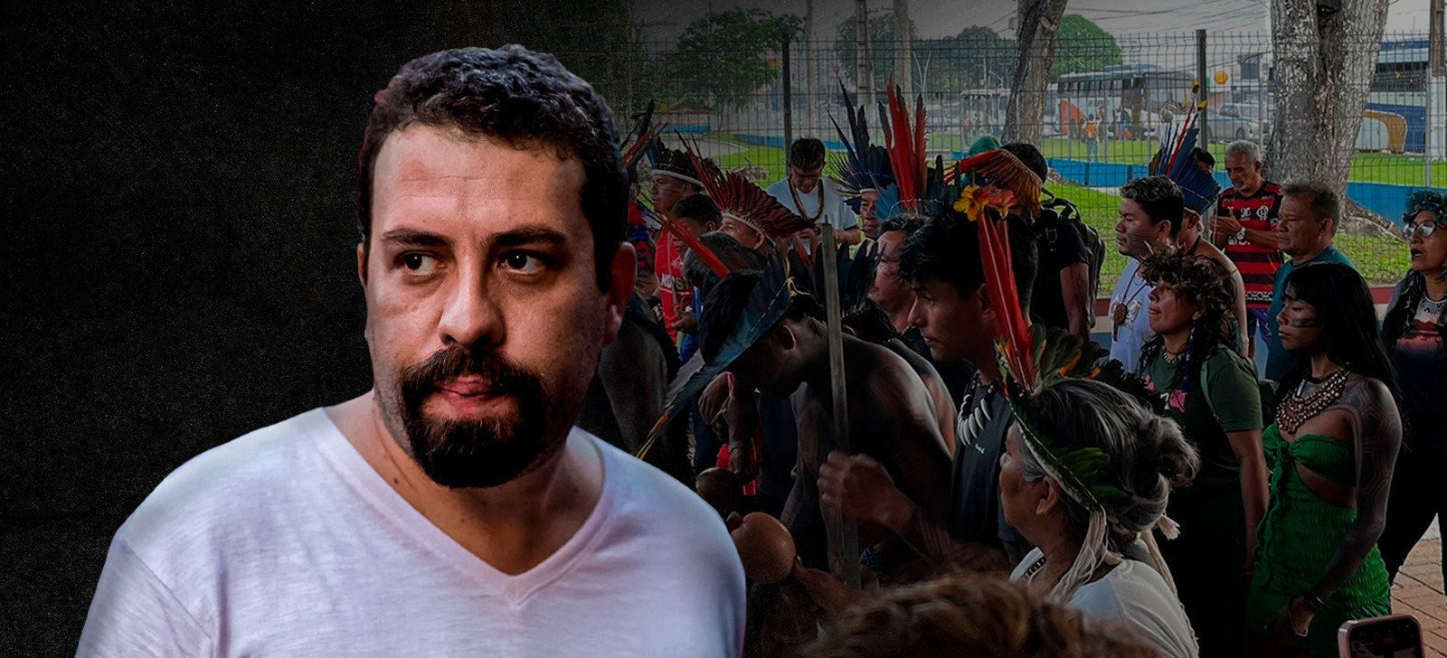 O deputado federal Guilherme Boulos e parte do movimento indígena ocupa parte da Seduc-PA (Composição de Paulo Dutra/Cenarium)