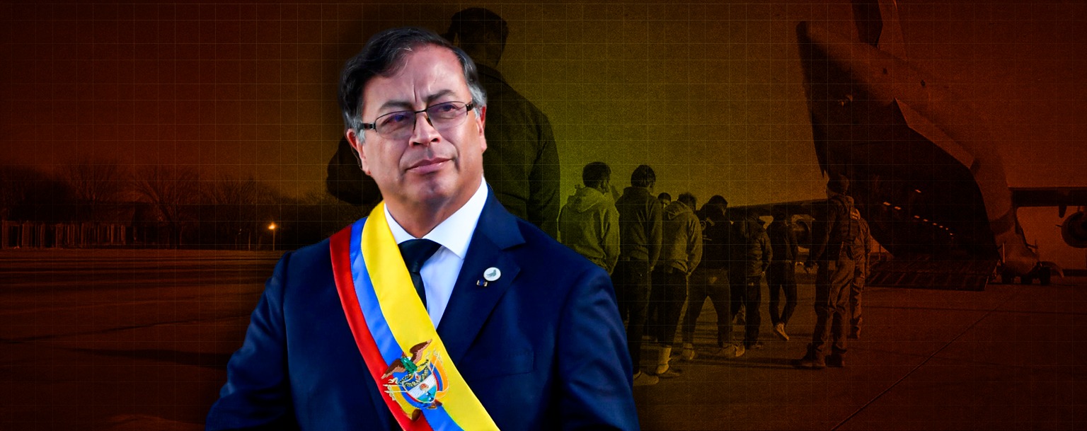 O presidente da Colômbia, Gustavo Petro, e pessoas deportadas dos EUA (Composição: Weslley Santos/CENARIUM) 