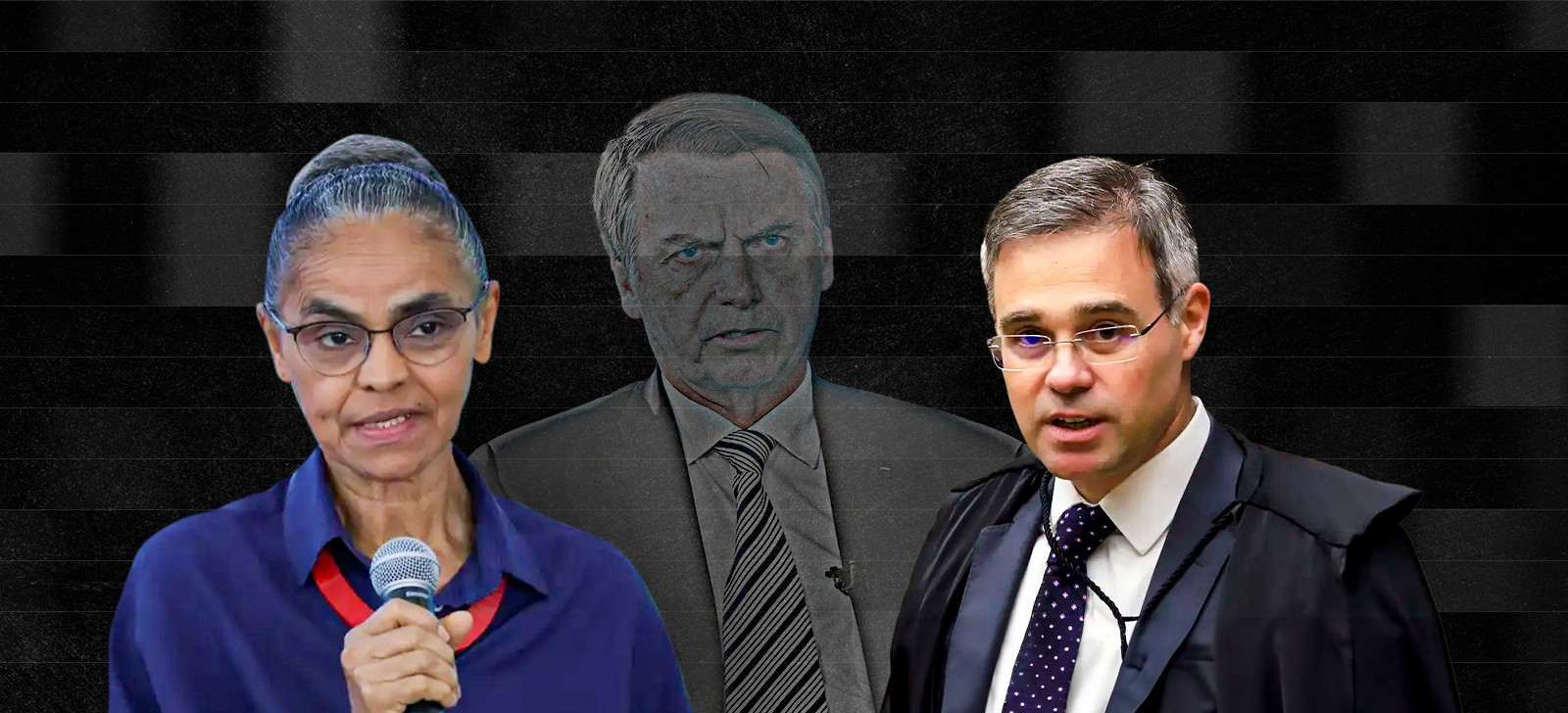 A ministra do Meio Ambiente, Marina Silva, e o ministro do STF André Mendonça . Ao fundo, o ex-presidente Jair Bolsonaro (Composição de Paulo Dutra/CENARIUM) 