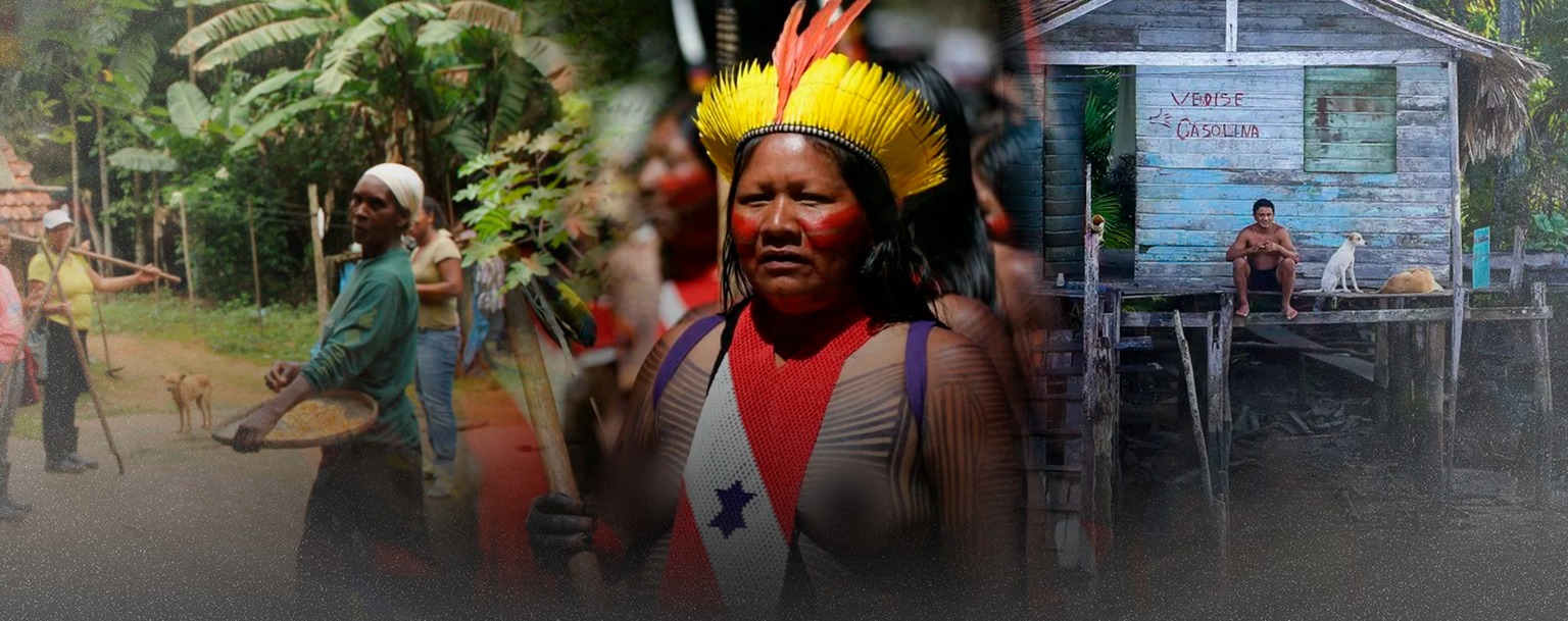 Da esquerda para direita: mulher quilombola, indígena na 3ª Marcha das Mulheres Indígenas, em Brasília, e homem sentado em frente à casa no rio na Amazônia (Composição: Weslley Santos/CENARIUM)