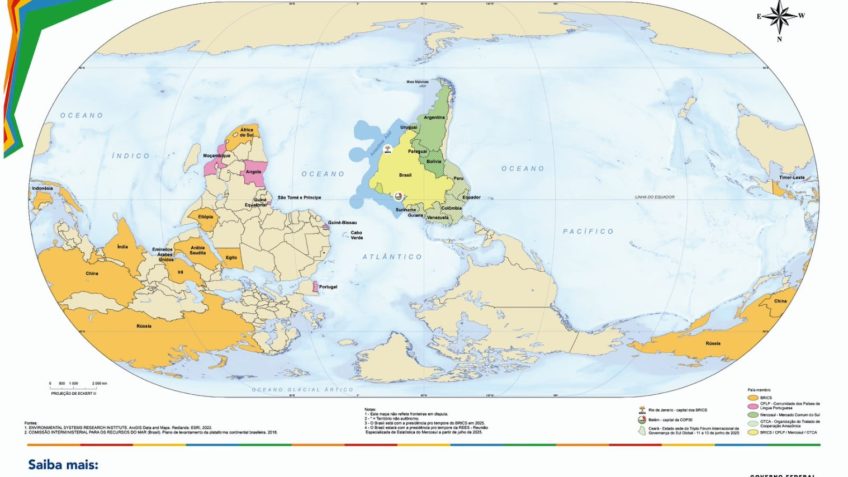 IBGE lança mapa-múndi de cabeça para baixo e com Brasil no centro