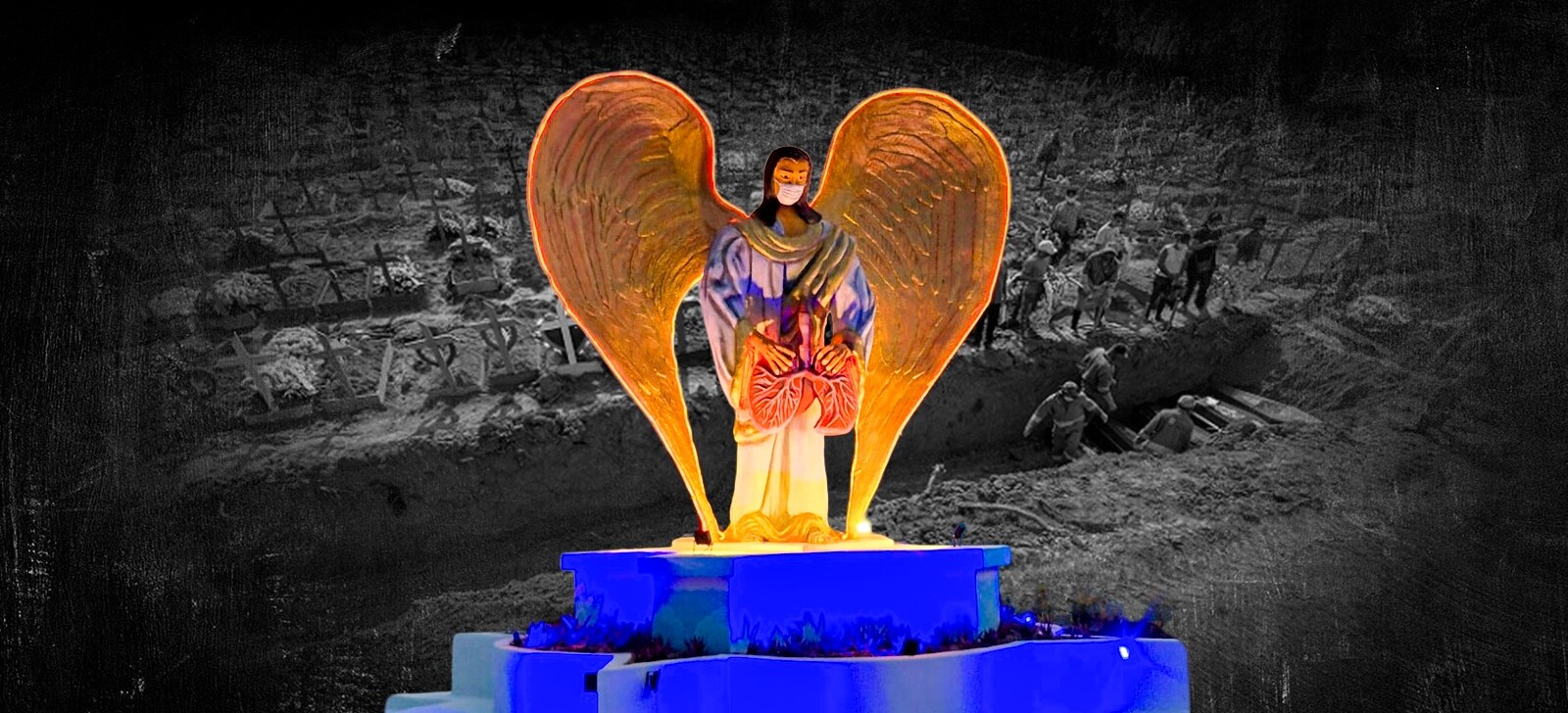 Memorial para vítimas da Covid-19 em Manaus tem anjo com máscara e pulmões nas mãos